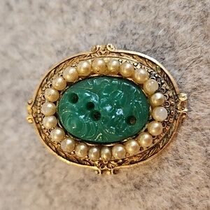 Faux Pearl & Green Engraved Center on Antiqued Goldtone Brooch